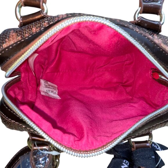 Steve Madden Women’s Bronze Sequins With Heart Charm Mini Barrel Satchel Bag - Picture 8 of 9